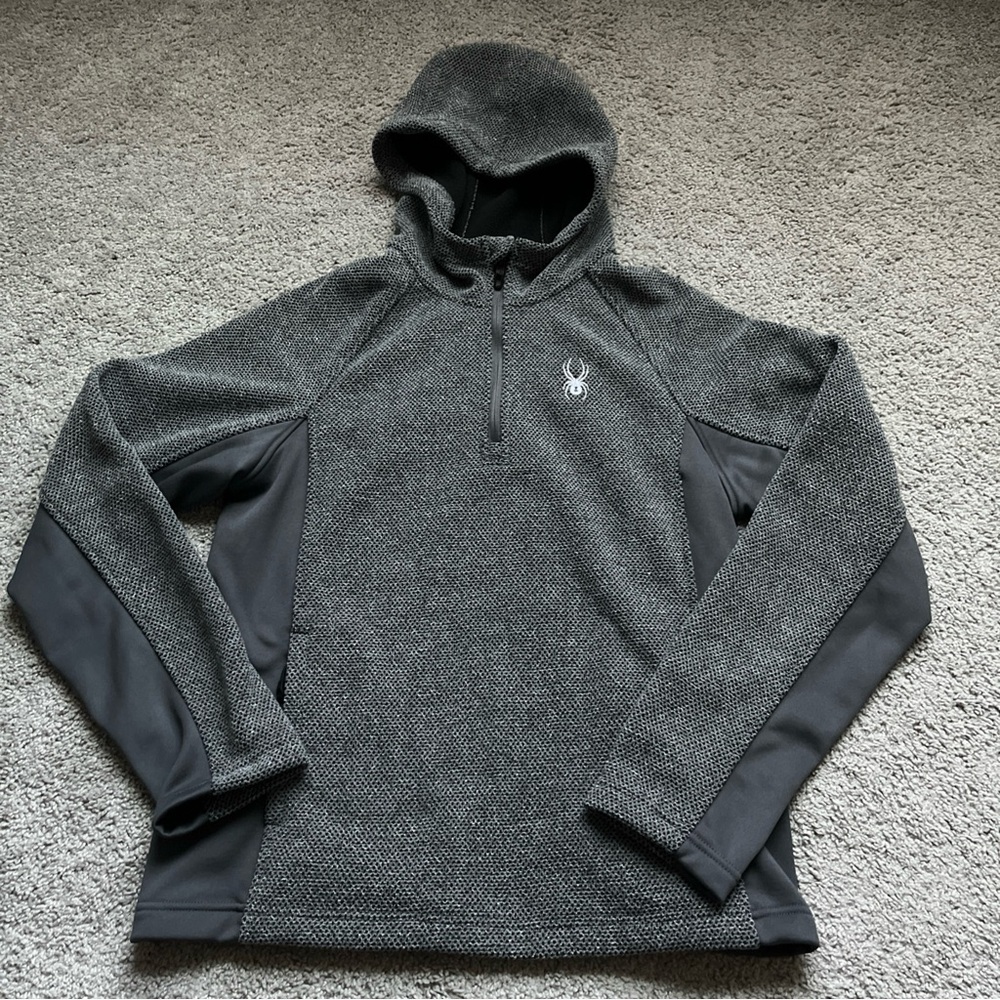 MEN’S SPYDER 1/4 ZIP FLEECE LINED HOODED PULLOVER FRONT ZIP POCKETS SIZE M